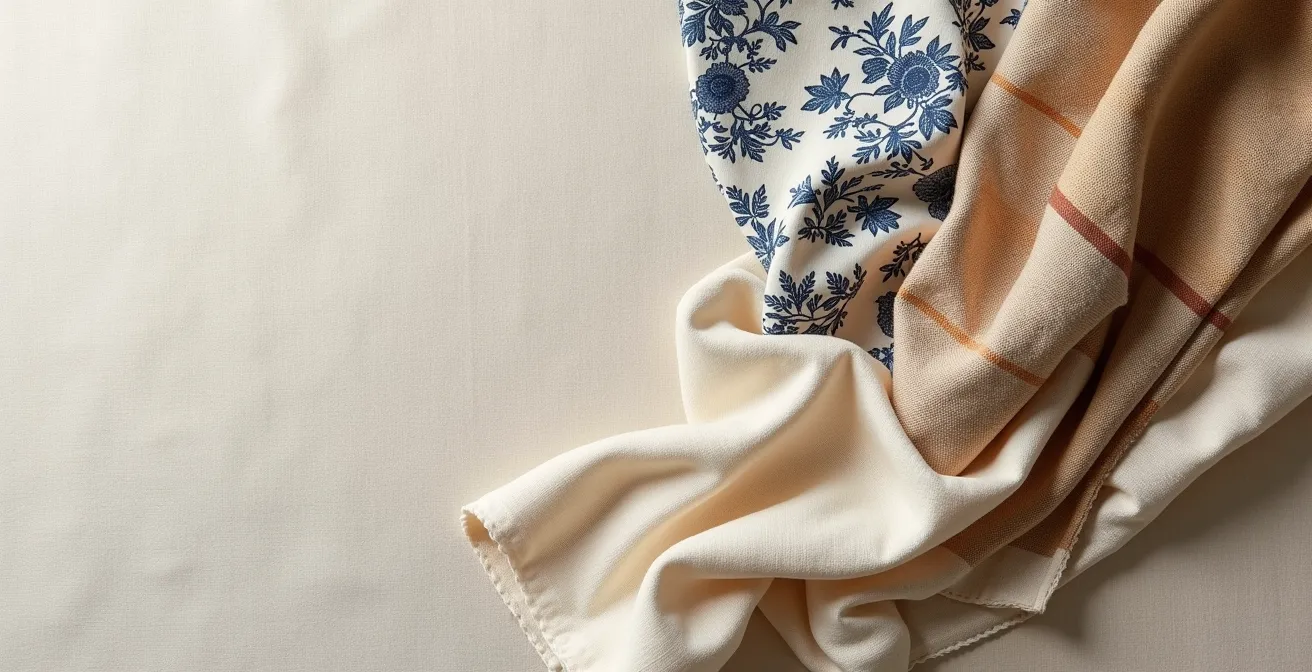 Composition montrant plusieurs couches de tissus superposés avec motifs et textures complémentaires créant une harmonie visuelle.