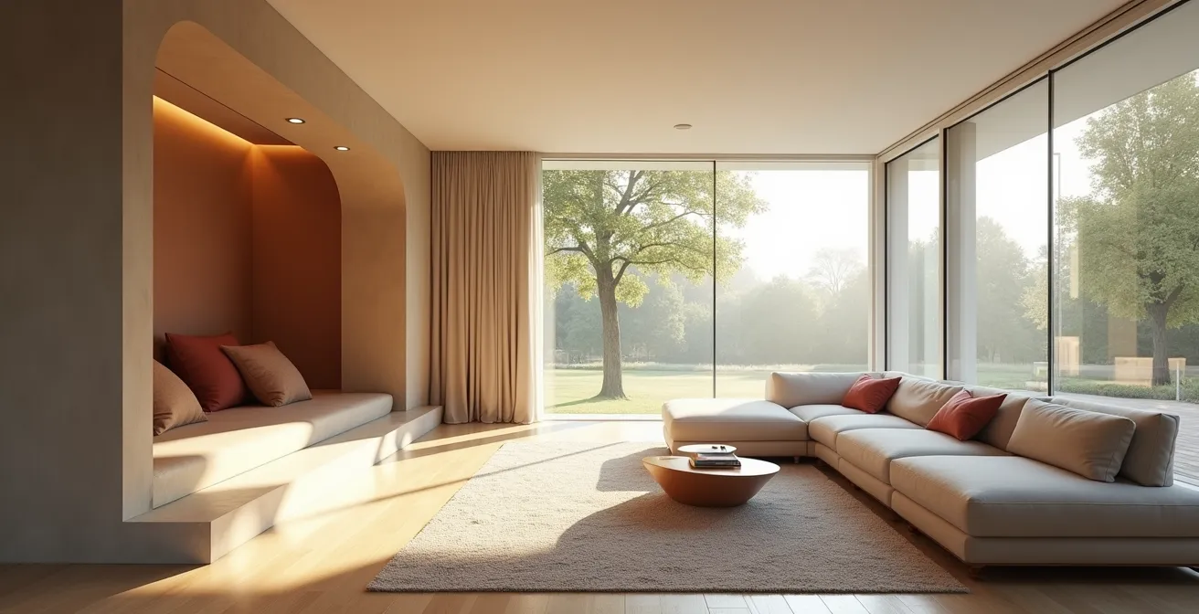 Aménagement intérieur français illustrant la théorie prospect-refuge avec zones de refuge protégées et espaces d'observation ouverts