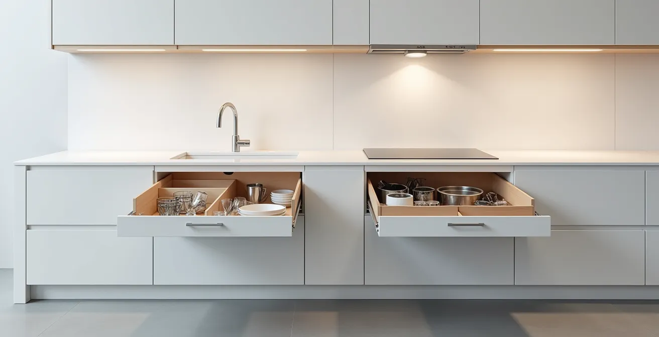 Comparaison visuelle entre un tiroir coulissant ouvert avec organisation claire et un placard profond difficile d'accès