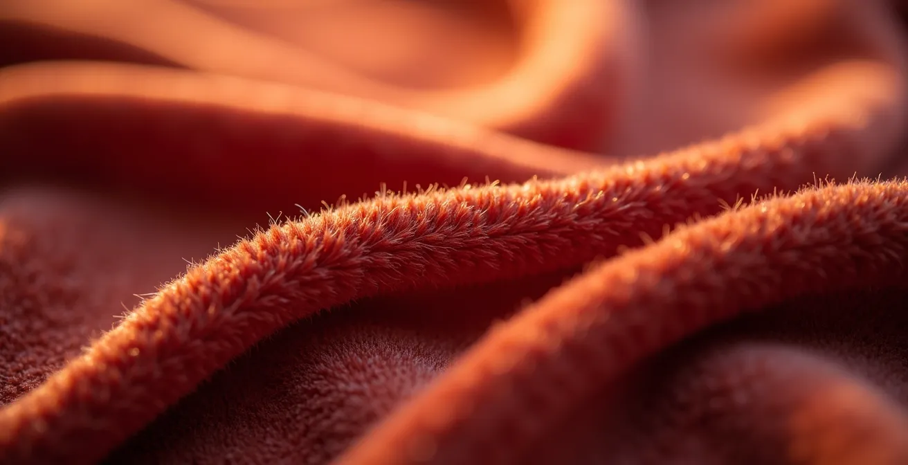Macro-photographie d'une surface de velours montrant la texture détaillée des fils dressés et la réflexion de la lumière sur les fibres.