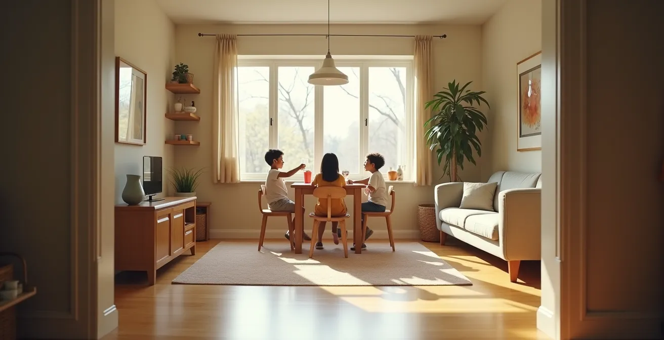 Vue d'ensemble d'un salon familial montrant la délimitation visuelle de trois zones : coin jeu, espace repas et zone détente, séparées par des tapis et des changements de couleur subtils