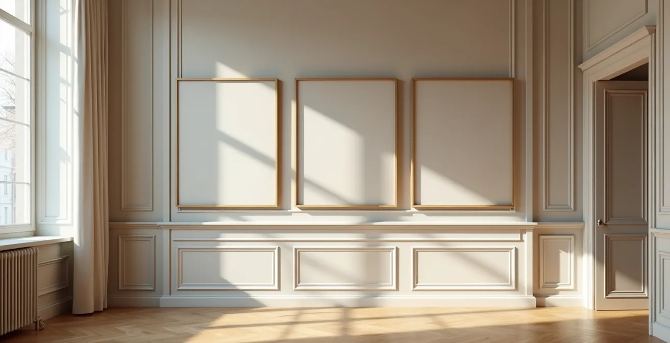 Intérieur d'appartement haussmannien avec tableaux accrochés et lumière naturelle filtrée