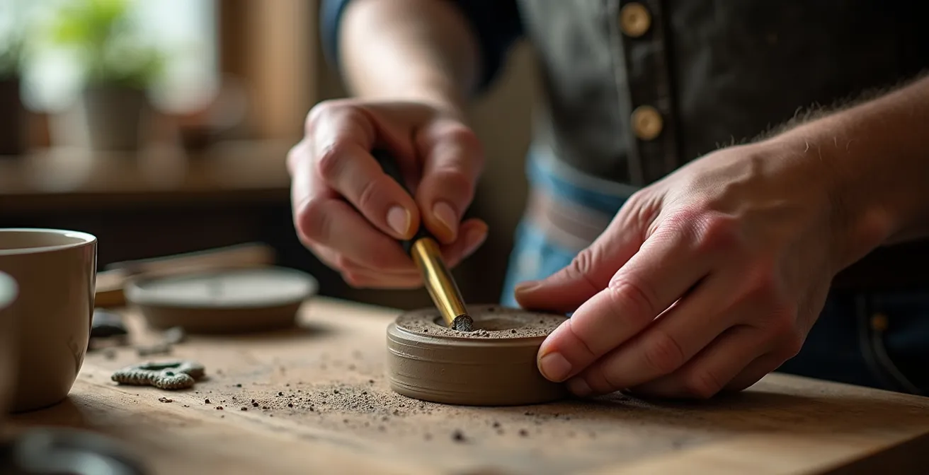 Atelier d'un créateur de luminaires français avec outils et matériaux naturels