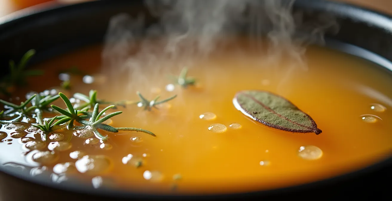 Marmite en fonte sur cuisinière avec bouillon doré mijotant, vapeur montante et légumes