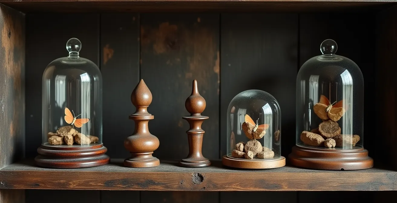Vue d'ensemble d'un cabinet de curiosités à la française avec objets vintage sous cloches de verre