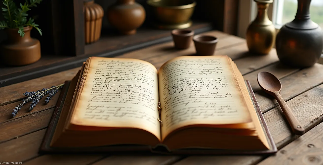 Cahier de recettes manuscrit ancien ouvert sur une table en bois avec ustensiles vintage