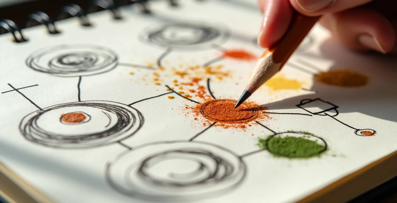 Vue macro d'un carnet de chef ouvert montrant des croquis de dressage et une carte mentale des saveurs