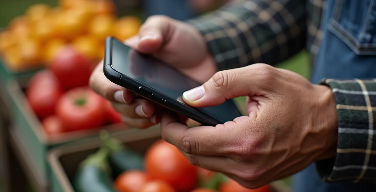 Main tenant un smartphone montrant une carte de producteurs locaux devant un étal de marché