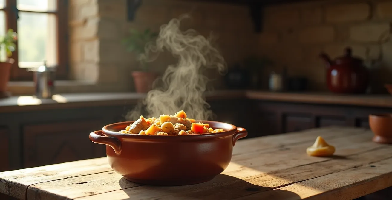 Cassole en terre cuite traditionnelle avec cassoulet mijotant, vapeur montante et croûte dorée