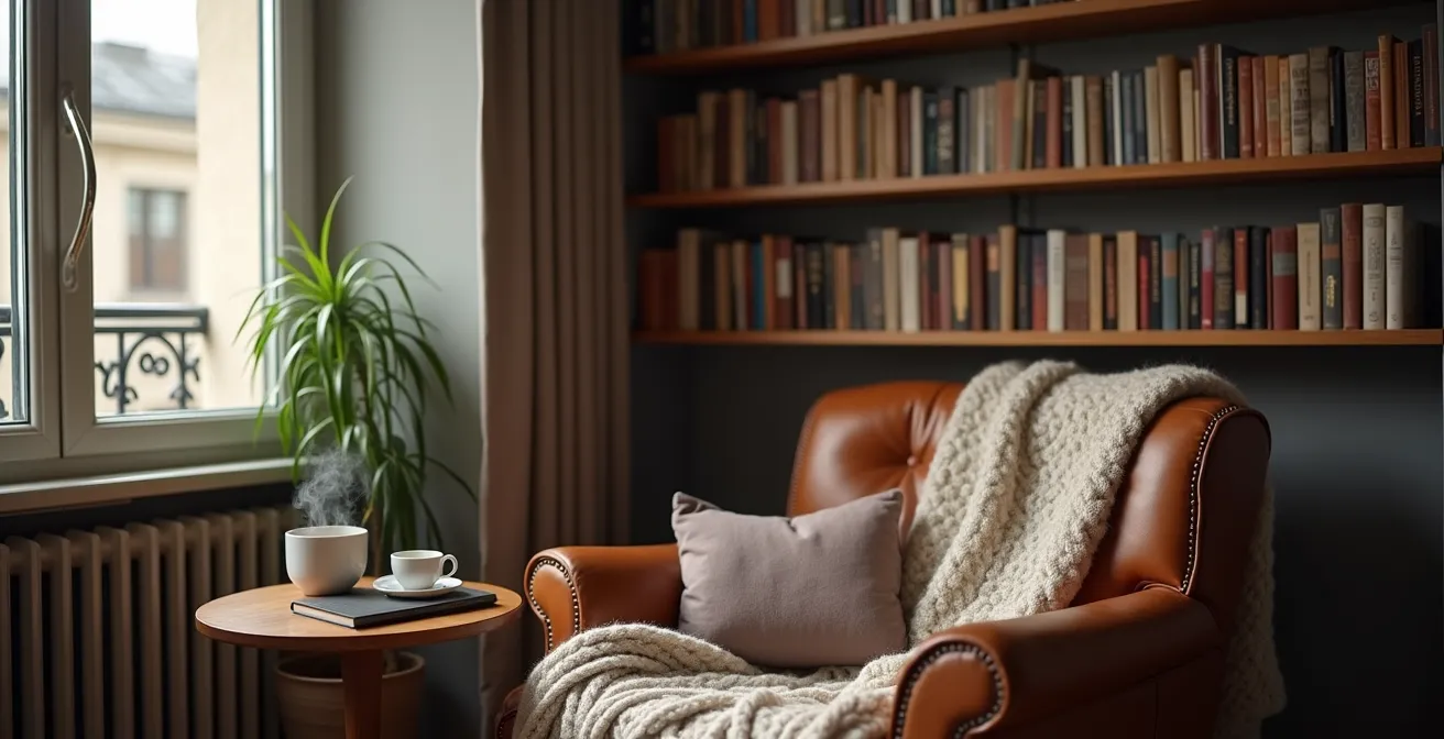 Coin lecture intime dans un petit appartement avec fauteuil vintage, plaid doux et étagères de livres créant un espace personnel apaisant