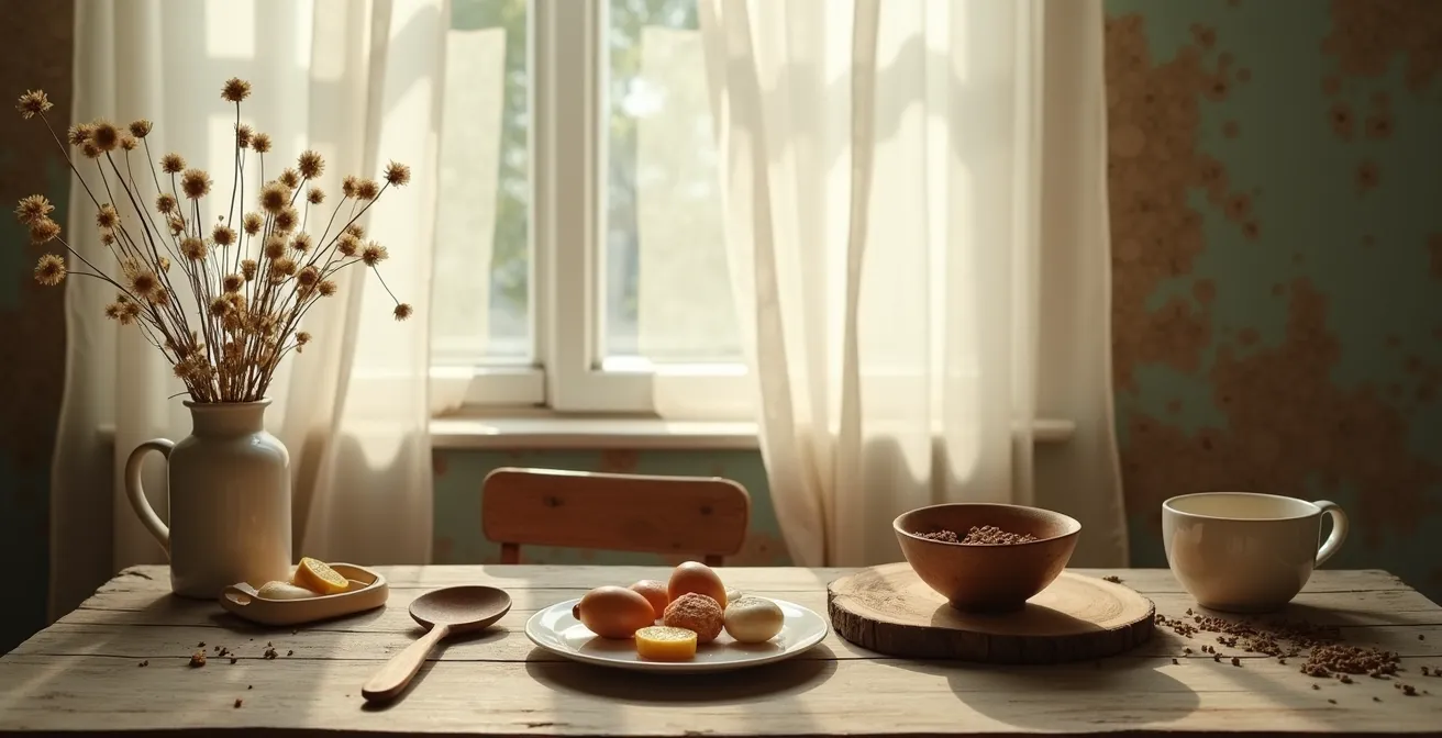 Composition minimaliste évoquant un souvenir d'enfance avec des éléments culinaires disposés de façon poétique