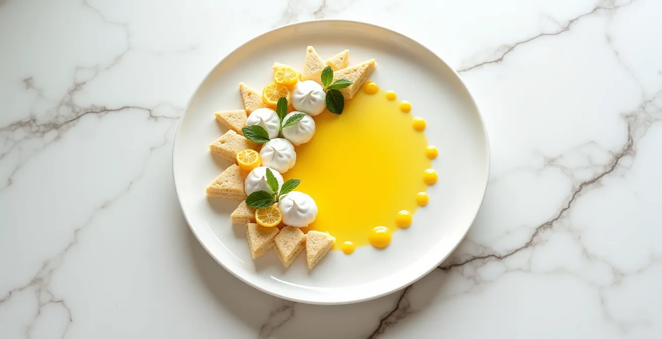 Déconstruction artistique d'une tarte au citron en dessert gastronomique moderne