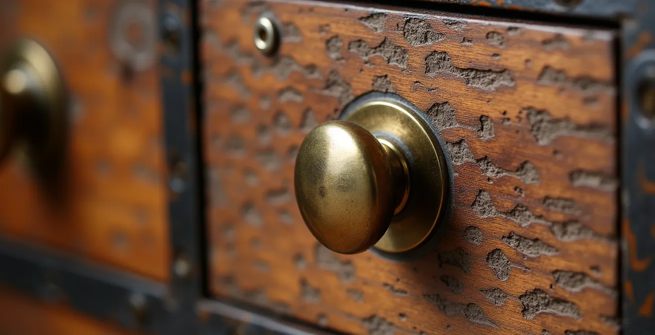 Détail macro d'un meuble upcyclé montrant les textures du bois récupéré et des éléments métalliques patinés