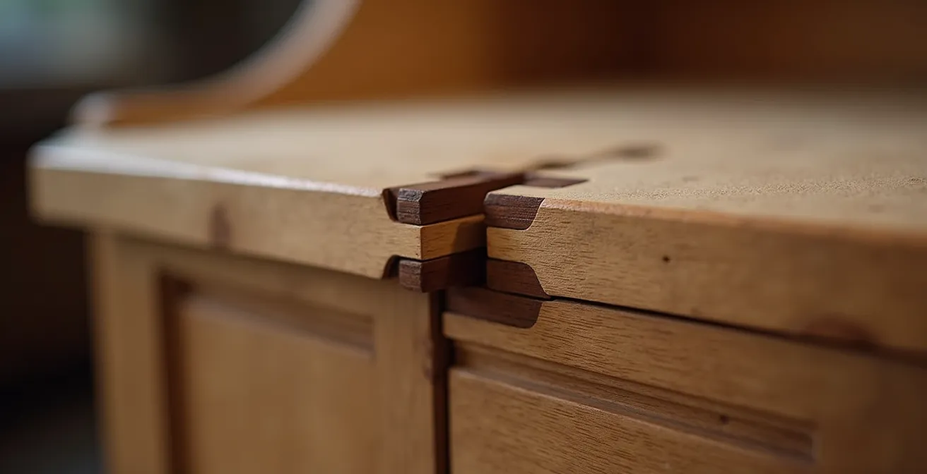 Gros plan sur les détails d'assemblage d'un meuble en bois massif français montrant la qualité artisanale