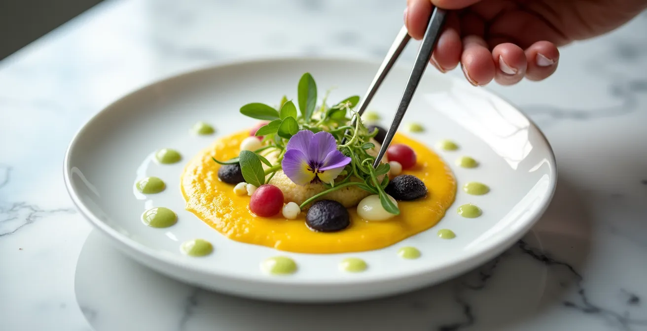 Composition artistique d'un dressage d'assiette gastronomique avec hauteur et couleurs