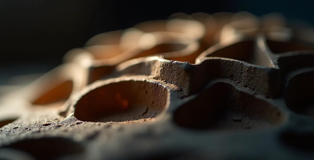 Détail d'une sculpture éclairée par un faisceau rasant créant des ombres dramatiques sur sa surface texturée