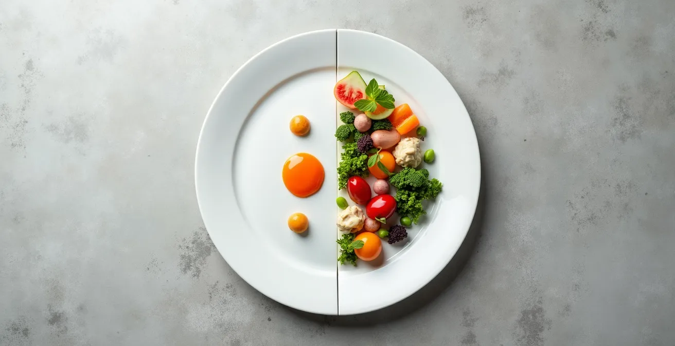 Vue aérienne minimaliste d'une assiette divisée montrant l'harmonie d'un côté et le chaos de l'autre