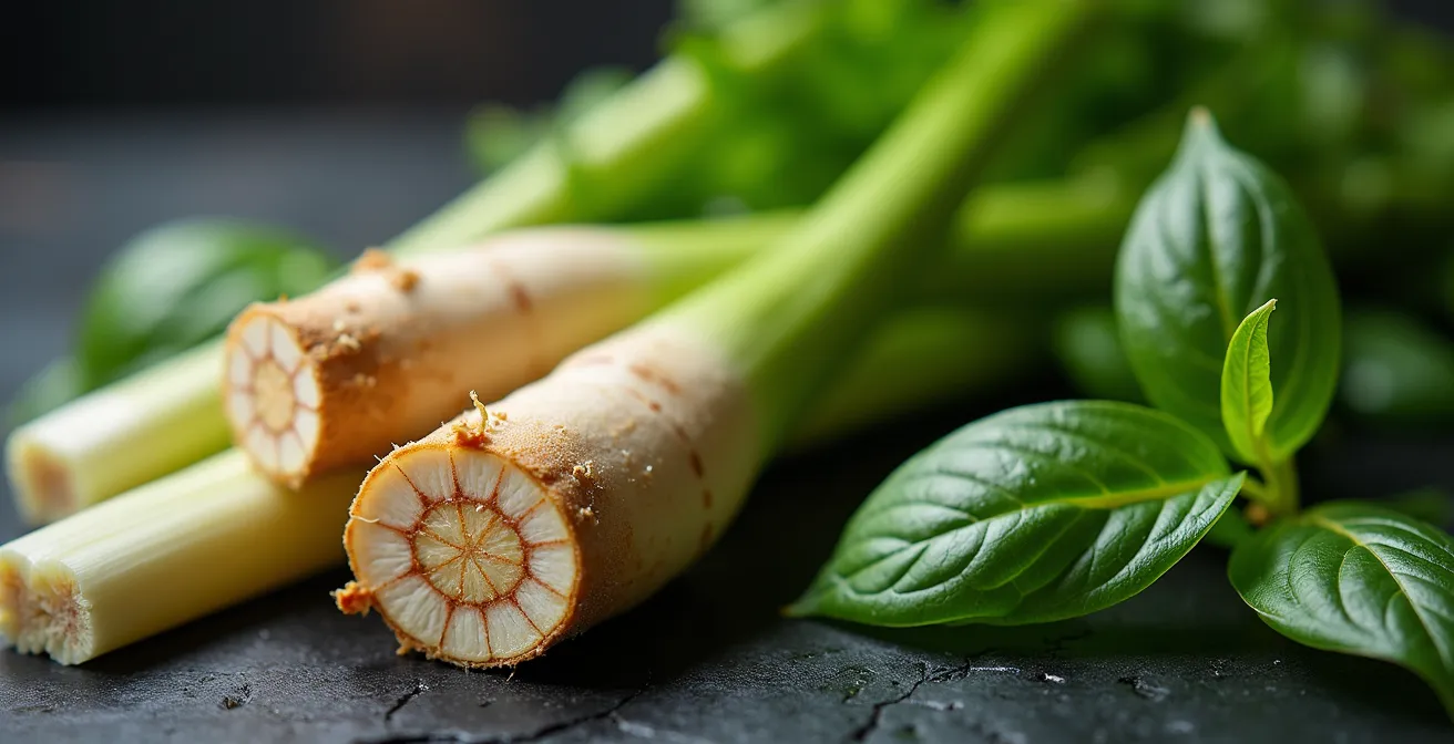 Ingrédients essentiels de la cuisine thaïlandaise disposés en harmonie