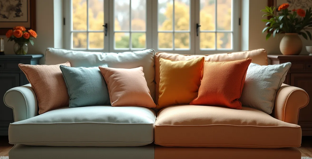 Vue panoramique d'un salon montrant quatre arrangements de coussins représentant les saisons