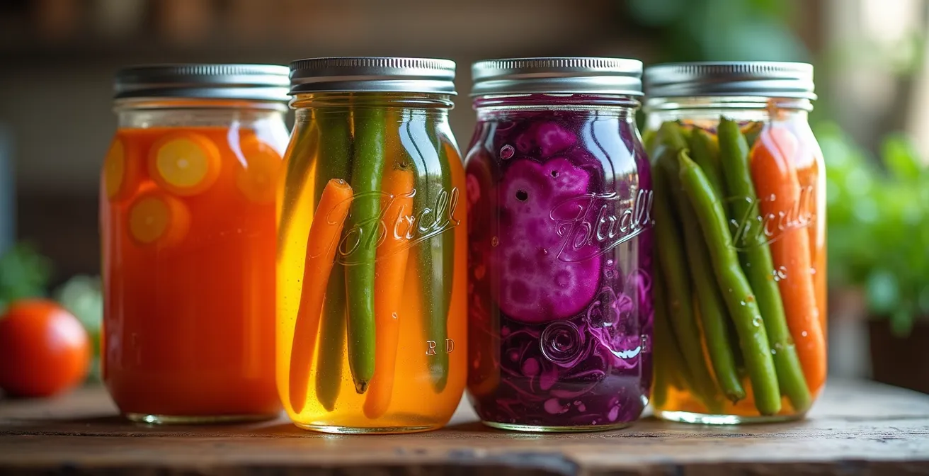 Bocaux de fermentation avec légumes français colorés en processus de lacto-fermentation