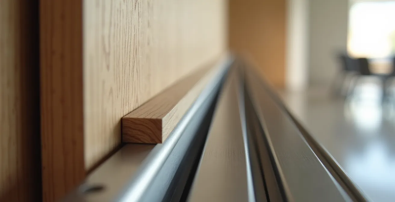 Vue macro détaillée d'un système de rail pour cloison coulissante avec textures de bois et métal
