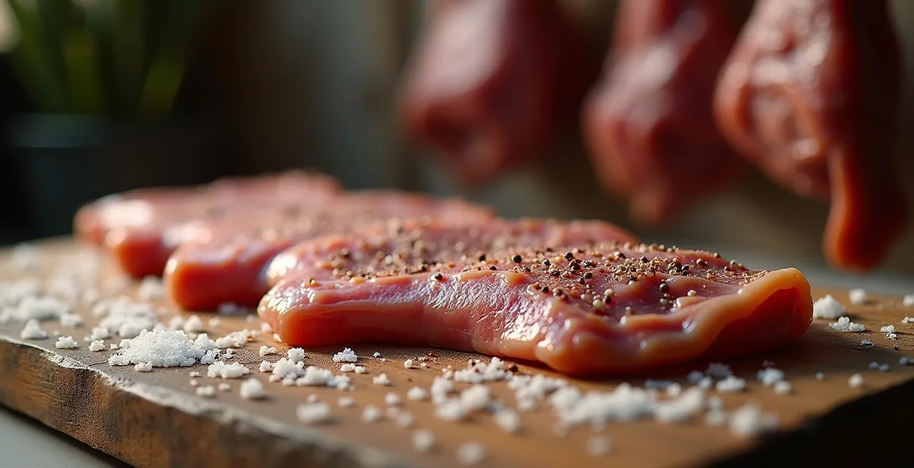 Magret de canard suspendu en séchage dans un séchoir traditionnel avec lumière naturelle diffuse