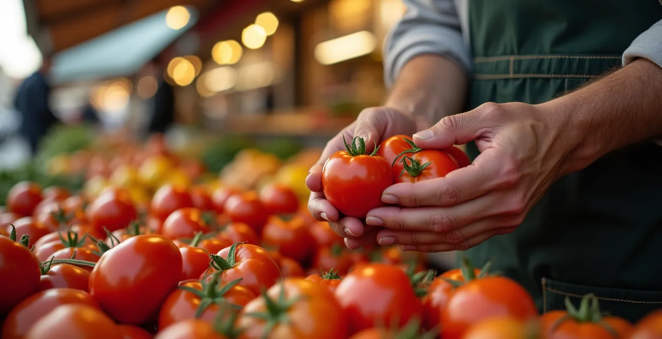 Étalage coloré de légumes variés sur un marché français
