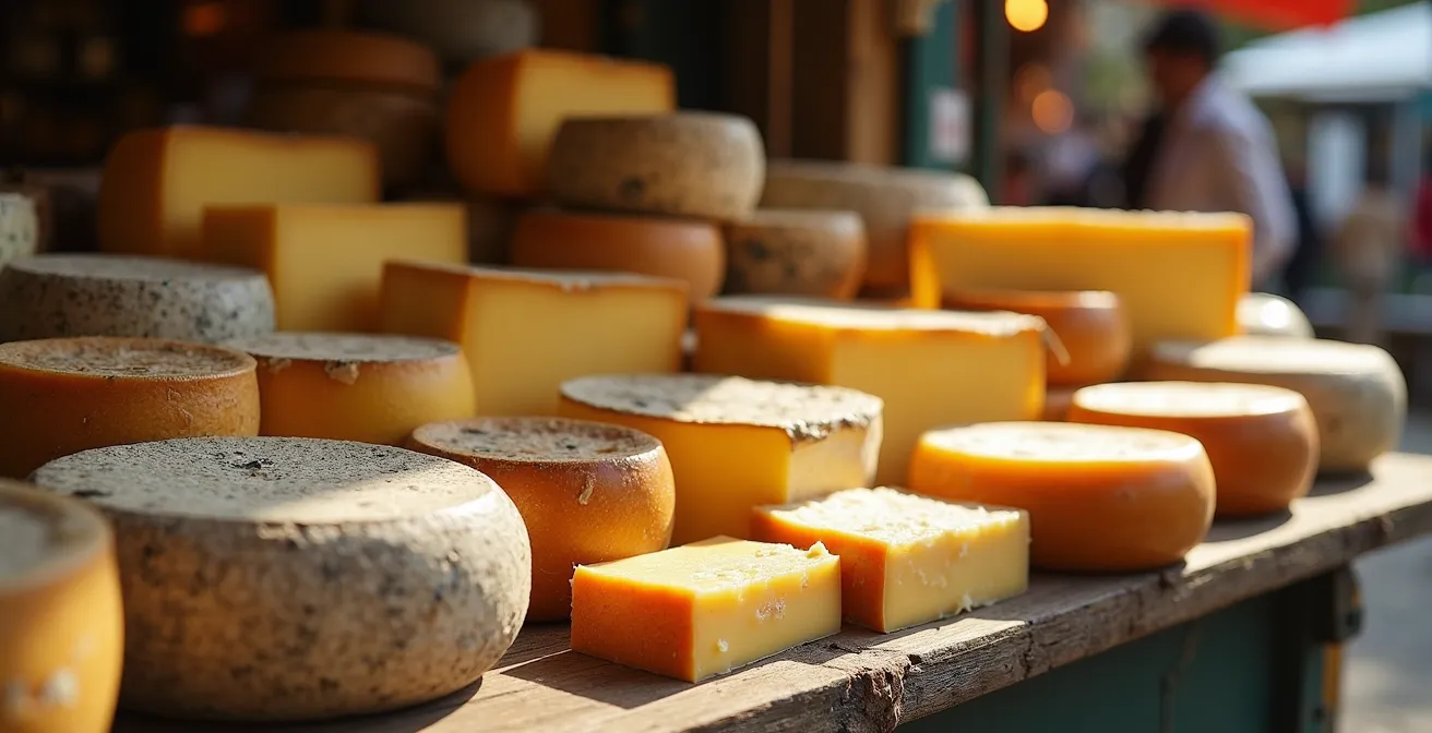 Étal de fromager traditionnel avec variété de fromages français AOP sans étiquettes visibles