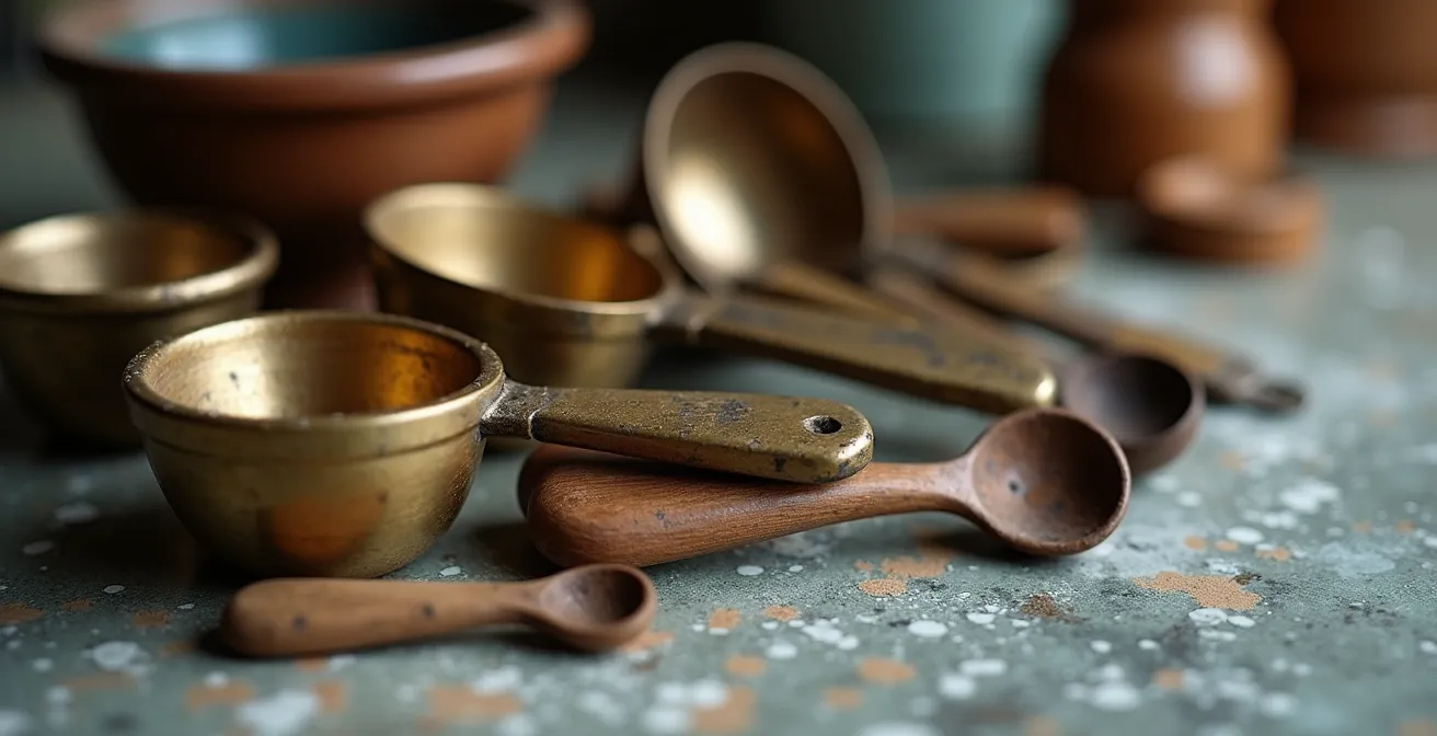 Collection d'ustensiles de mesure anciens en cuivre et porcelaine disposés sur un plan de travail