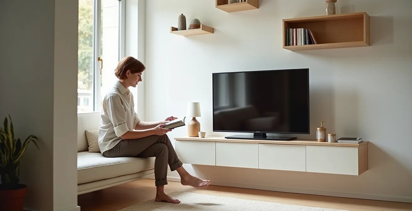 Salon moderne avec meubles muraux suspendus créant une sensation d'espace aérien