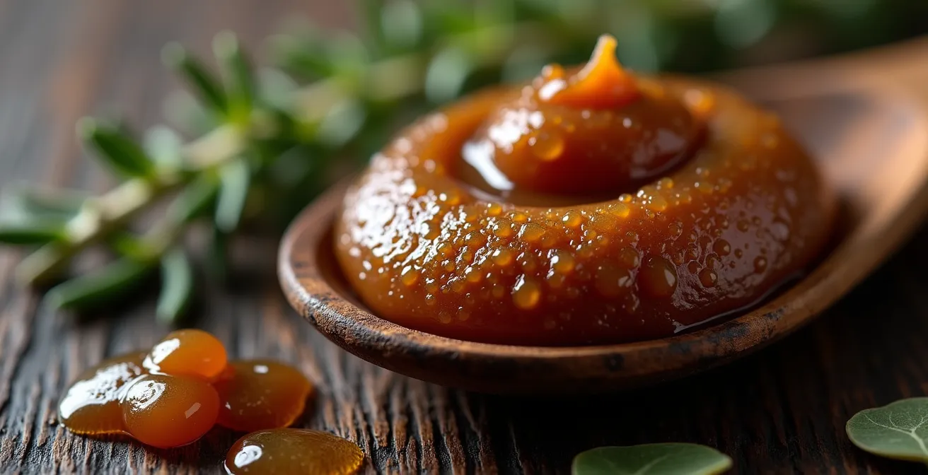Gros plan macro sur une cuillère en bois contenant de la pâte de miso brun avec des herbes françaises