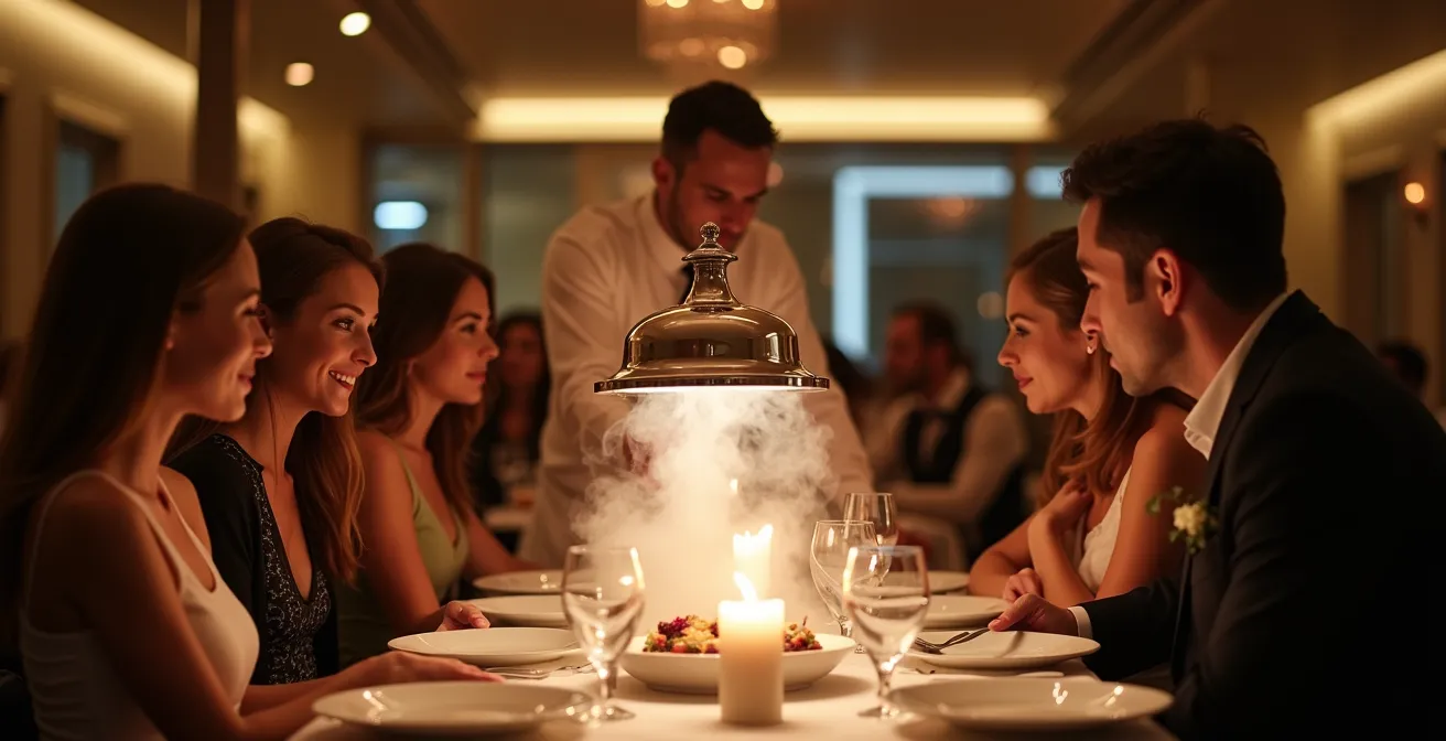 Service théâtral à table avec cloche et effet de fumée