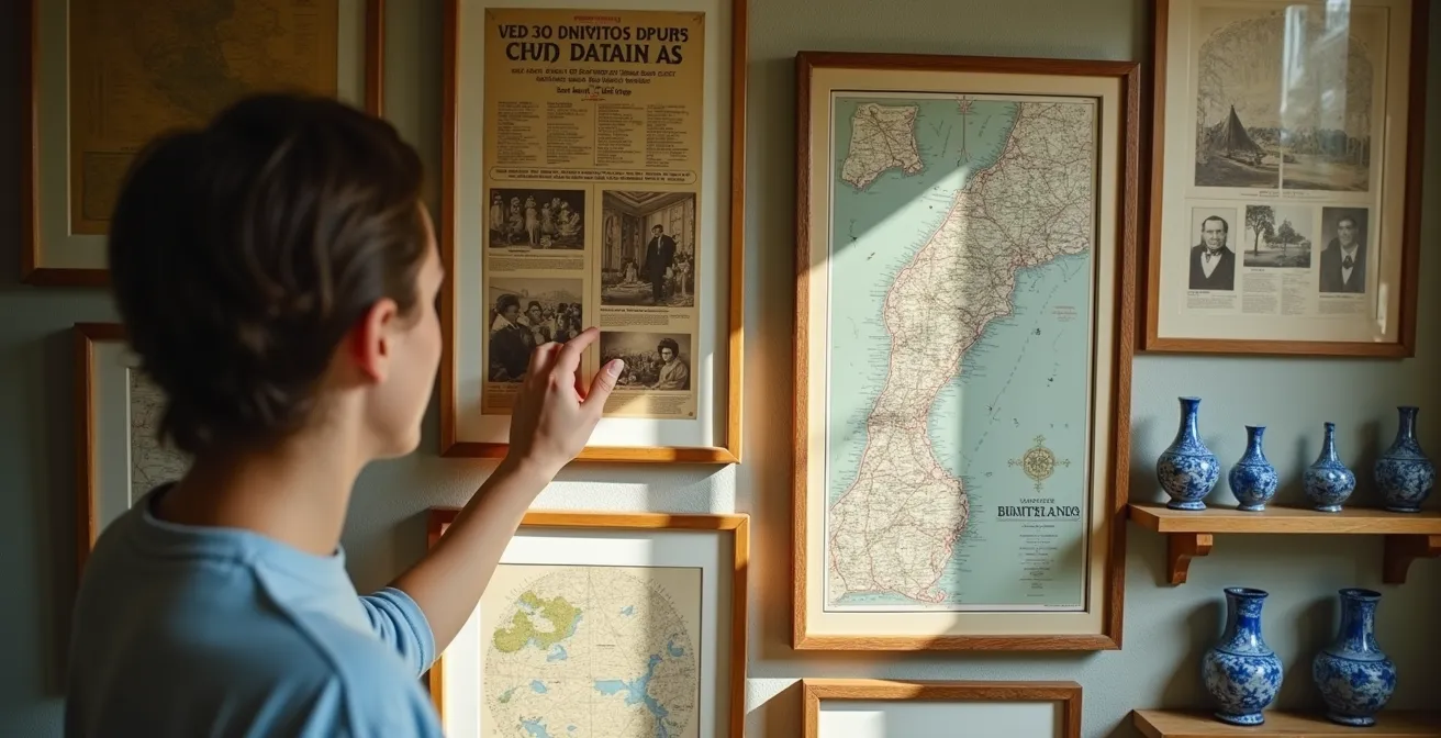 Mur galerie mémoriel avec cartes anciennes de régions françaises, photos personnelles et affiches d'expositions