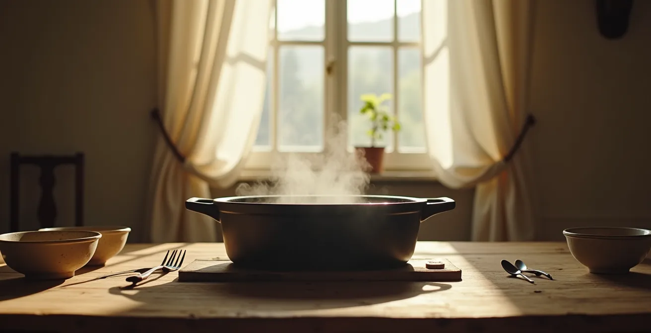 Une cocotte en fonte ouverte révélant un pot-au-feu fumant sur une table familiale
