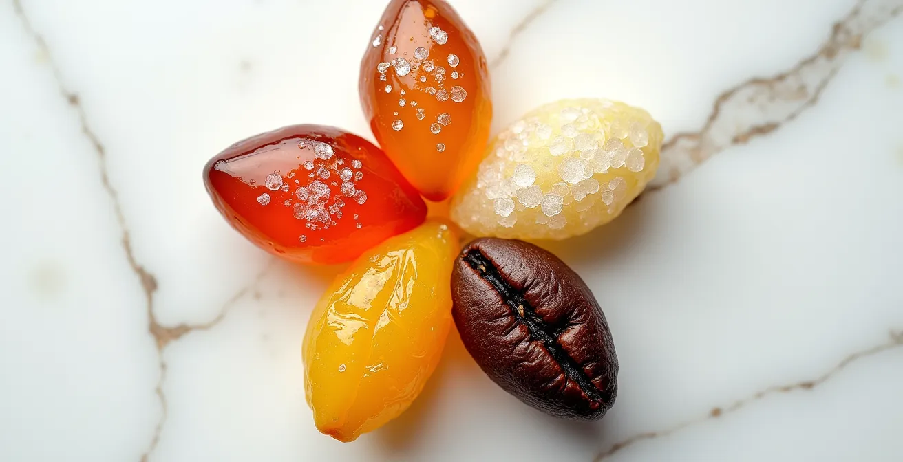 Composition artistique d'ingrédients représentant les cinq saveurs disposés en cercle sur marbre blanc