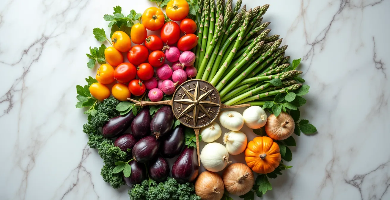Composition circulaire de légumes français disposés selon les quatre saisons