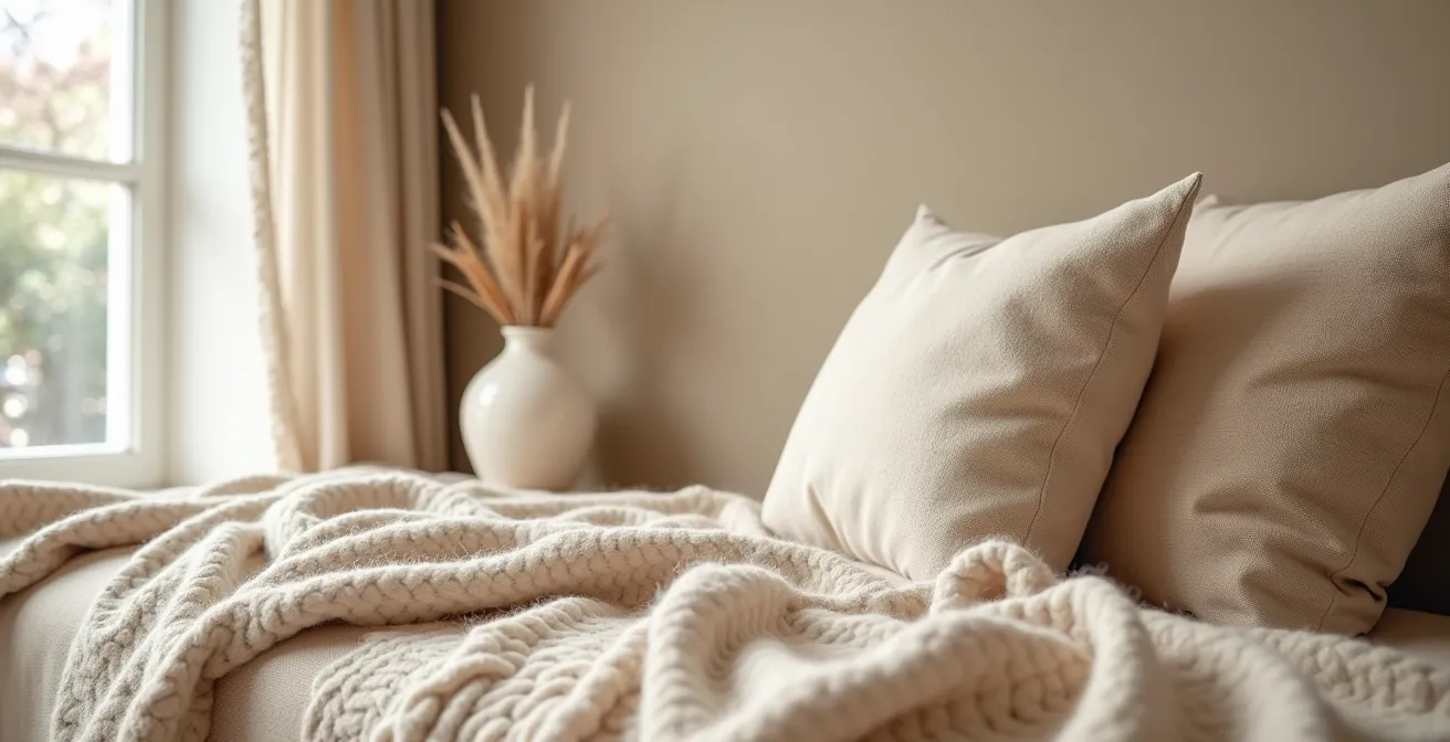 Salon en camaïeu de beiges avec différentes textures créant de la profondeur