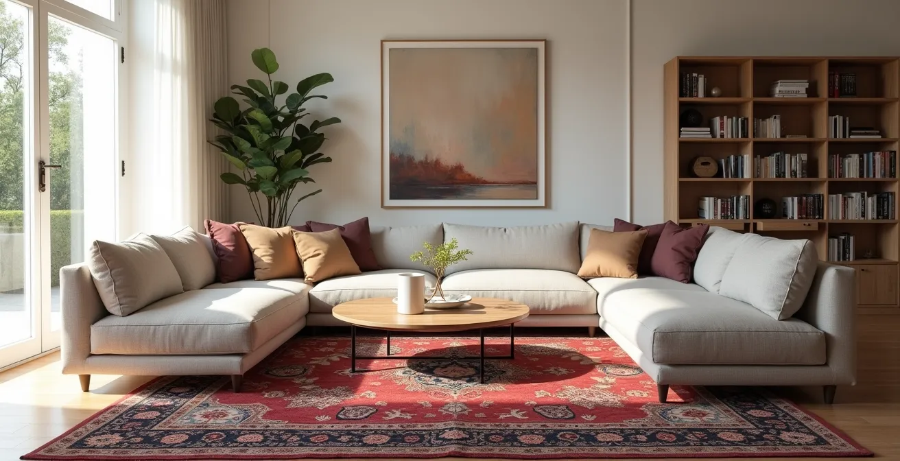 Salon moderne avec tapis persan ancien harmonisé avec une décoration contemporaine neutre