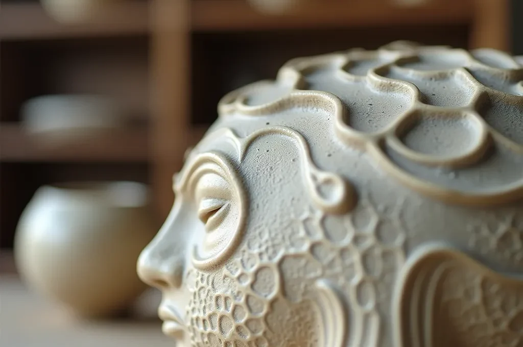 Détail macro d'une céramique artisanale française sur socle avec autres objets d'art