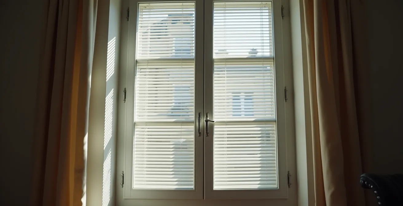 Vue d'une fenêtre urbaine avec store vénitien partiellement ouvert filtrant la lumière naturelle