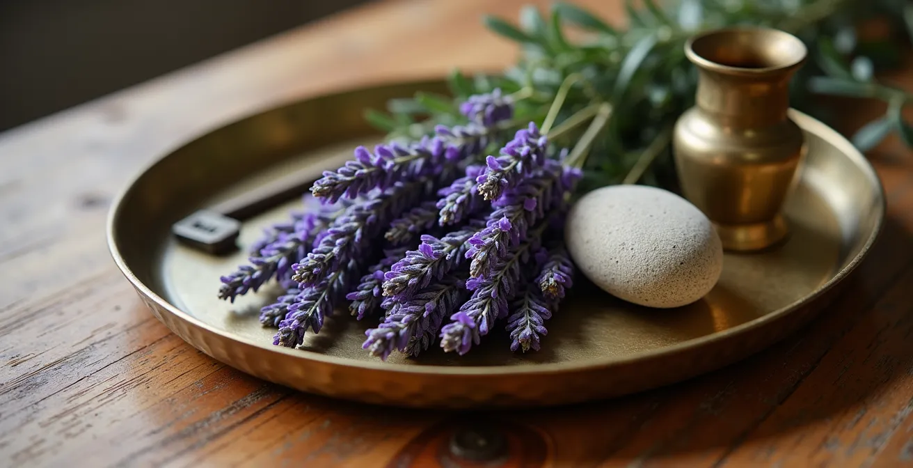 Table basse en bois décorée avec un plateau en laiton contenant des éléments saisonniers français