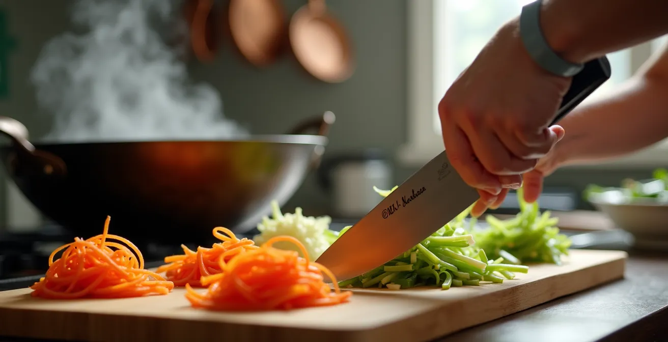 Mains expertes découpant des légumes colorés en julienne près d'un wok fumant