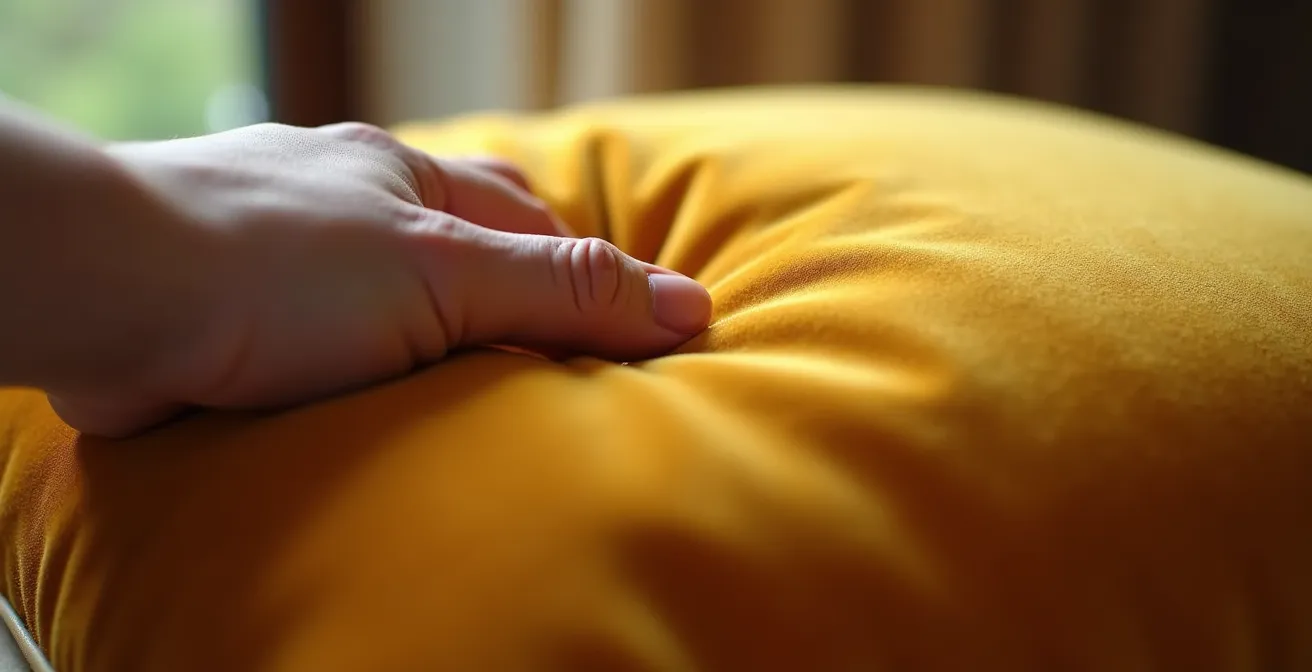 Gros plan sur une main testant la qualité d'un coussin en plumes avec la technique du karate chop