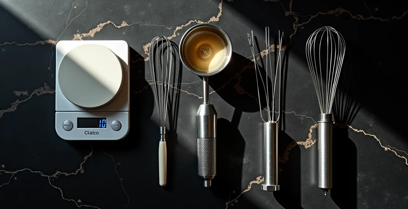 Collection d'ustensiles professionnels de cuisine disposés artistiquement sur plan de travail