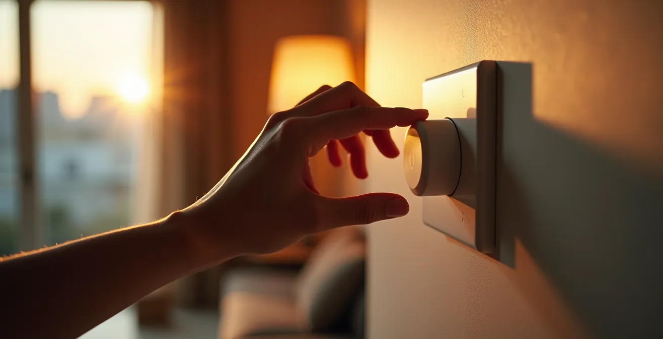 Main ajustant délicatement un variateur de lumière moderne dans un intérieur élégant au crépuscule