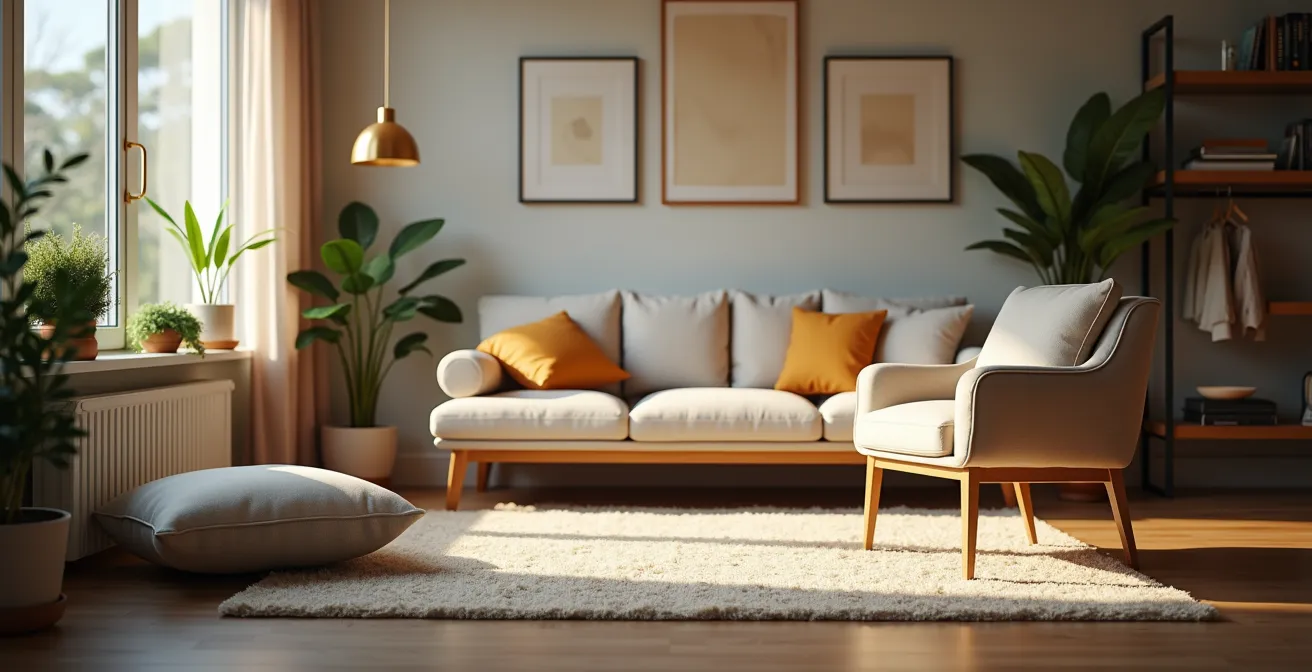 Salon avec éléments décoratifs répartis sur trois niveaux de hauteur créant une dynamique visuelle