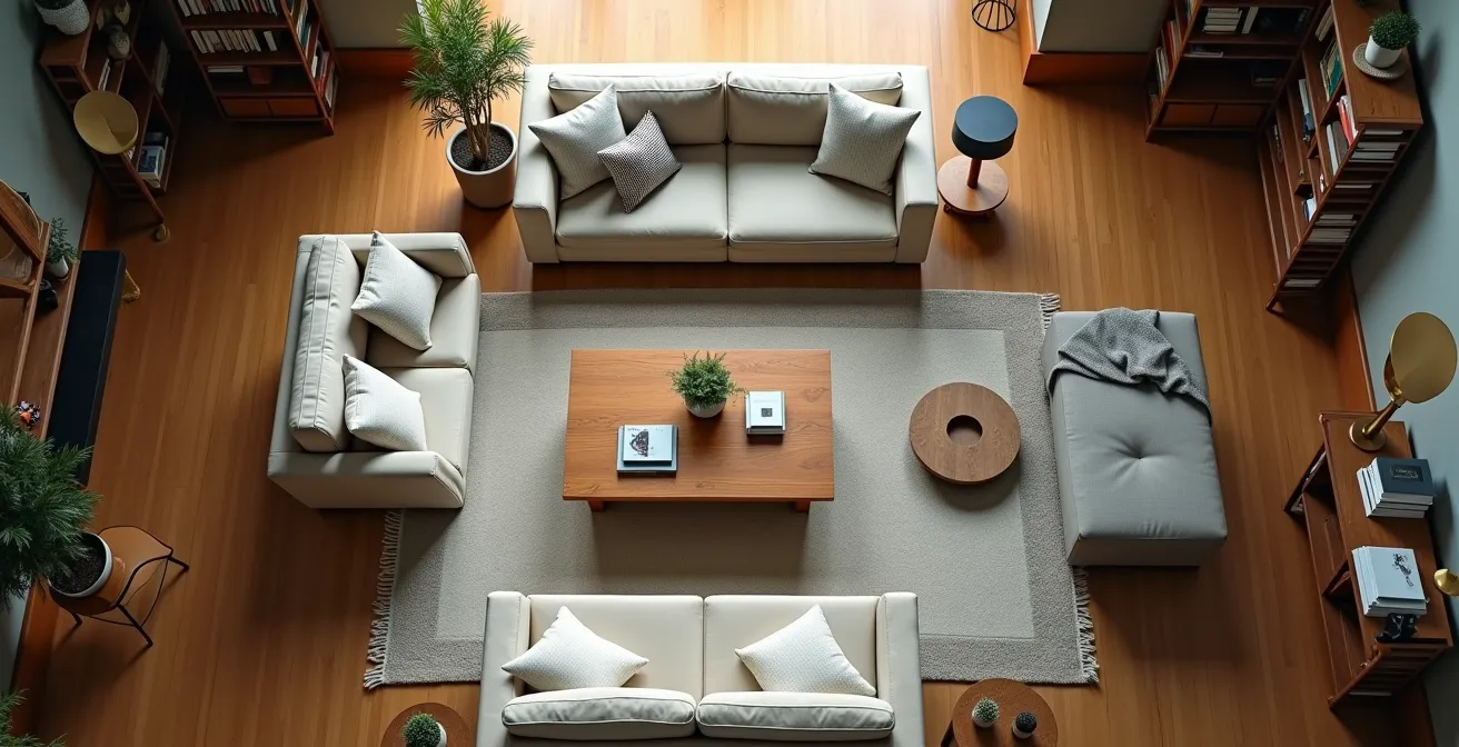 Plan aérien d'un salon familial montrant différentes configurations possibles selon les moments de la journée