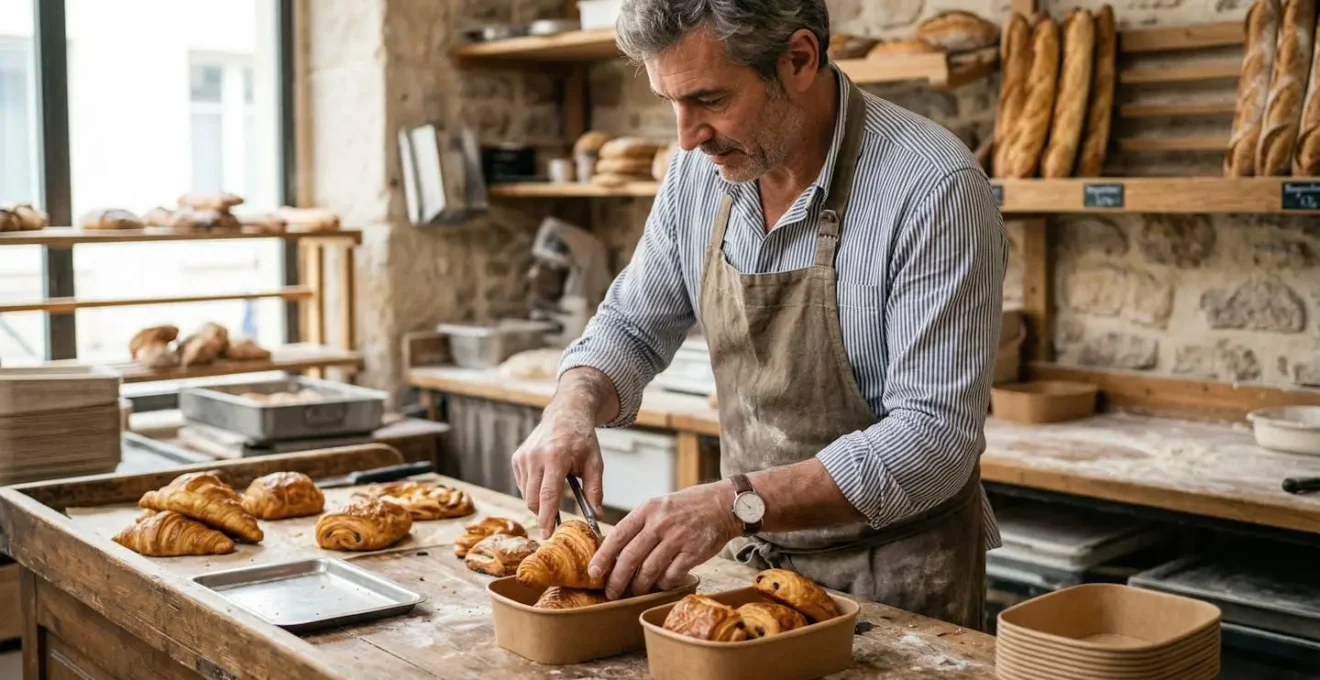 Boulanger préparant des pâtisseries dans des barquettes compostables conformes
