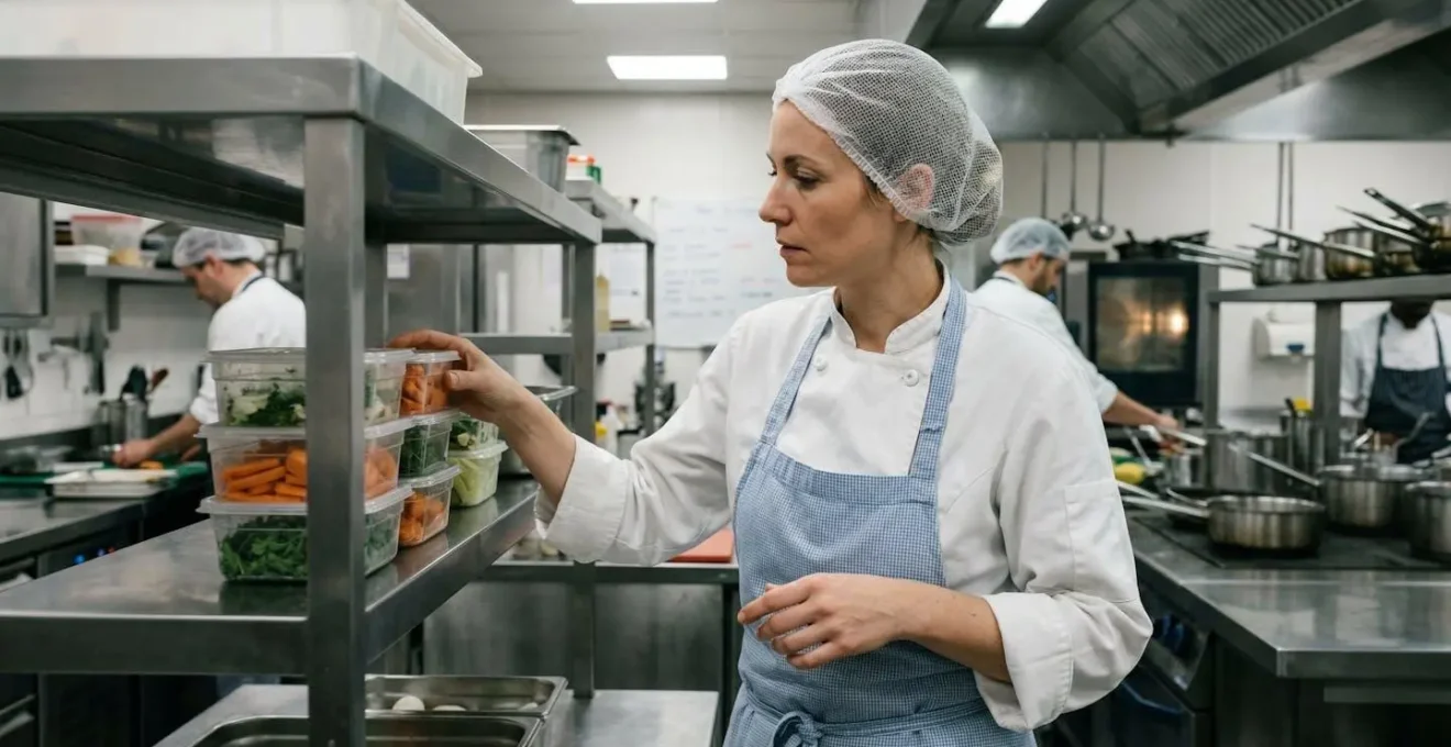 Chef en cuisine professionnelle inspectant des emballages alimentaires conformité DGCCRF