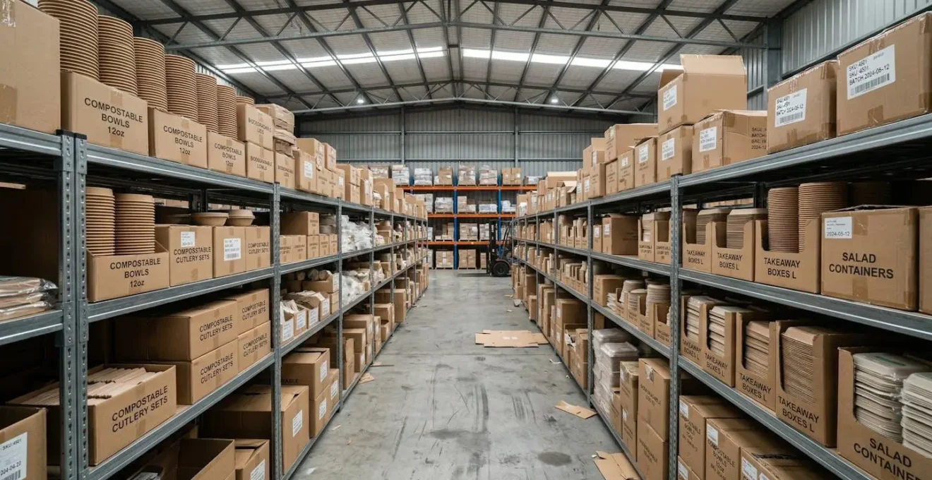 Réserve professionnelle avec étagères d'emballages alimentaires compostables organisés